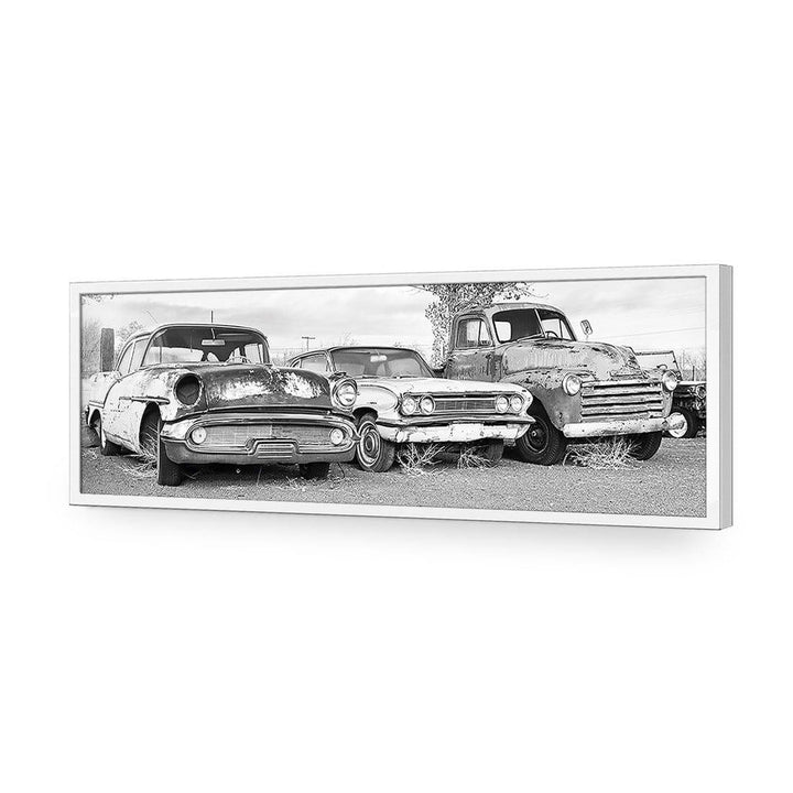 Row of Rusty Cars, Black and White (long) Wall Art
