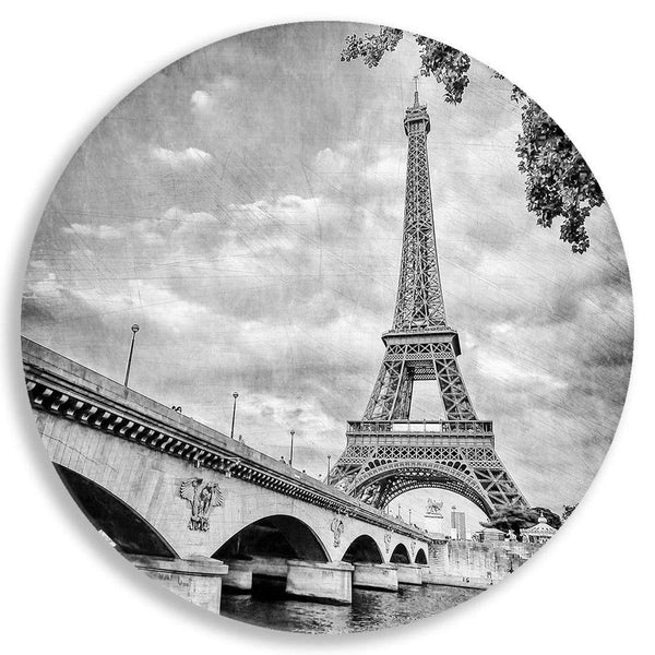 Antique Eiffel Tower Black and White Circle Acrylic Glass Wall Art