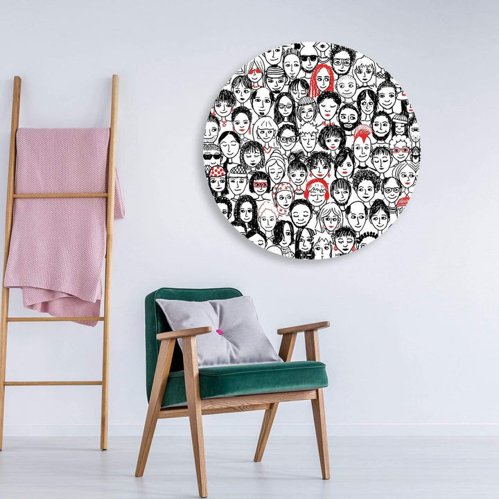Sketch Faces Red Circle Acrylic Glass Wall Art