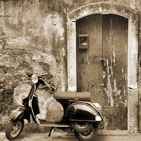 Vintage Door and Scooter, Sepia (square)