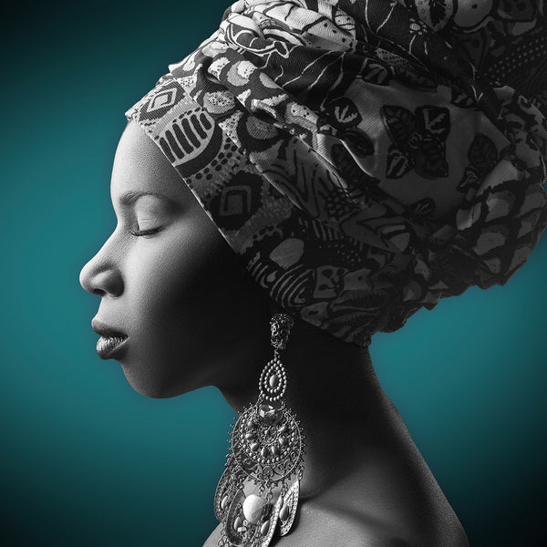 African Pose, Black and White with Teal Background (square)