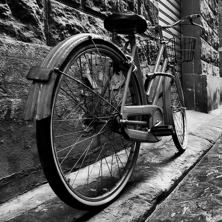Retro Bike on Cobbles, Black and White (Square) Wall Art