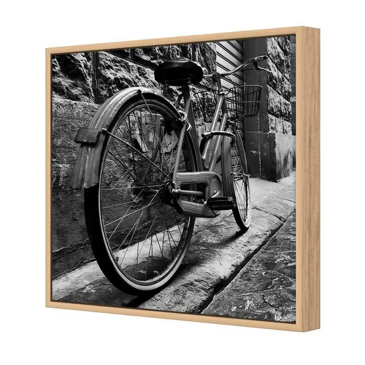 Retro Bike on Cobbles, Black and White (Square) Wall Art