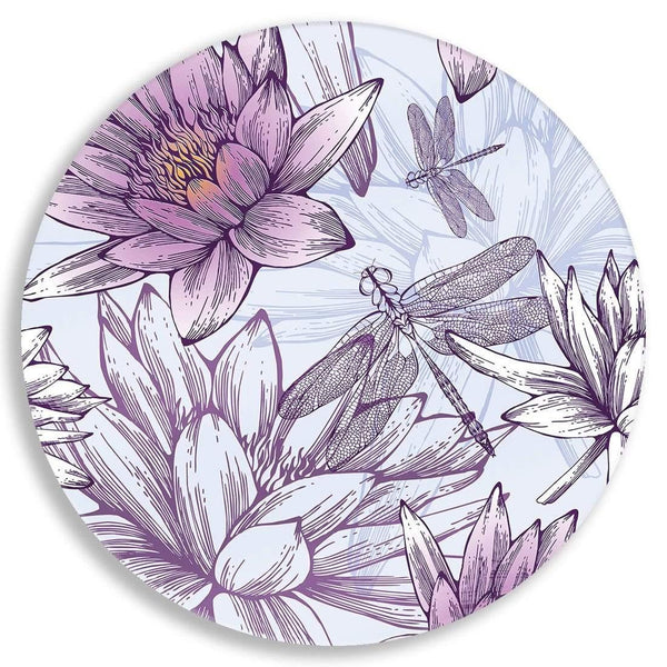 Lilies and Dragonflies Illustrated Circle Acrylic Glass Wall Art